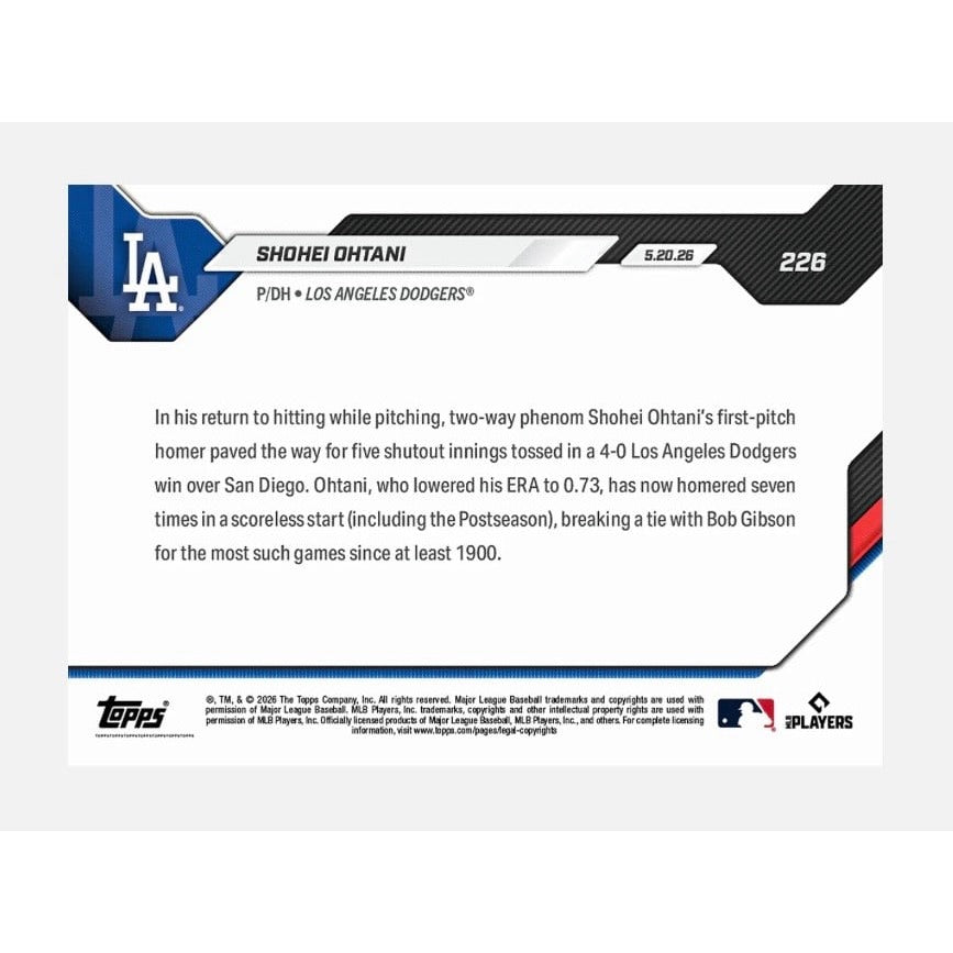 Limited Print Run Shohei Ohtani Topps NOW #226 HR & 5 Shutout IP MLB Dodgers