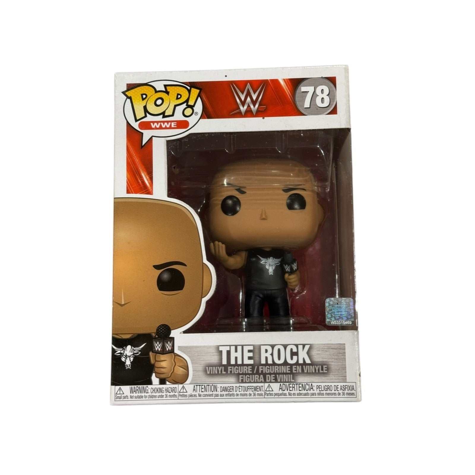 Funko Pop WWE The Rock vinyl figure number 78 with microphone pose and Brahma Bull logo in sealed packaging