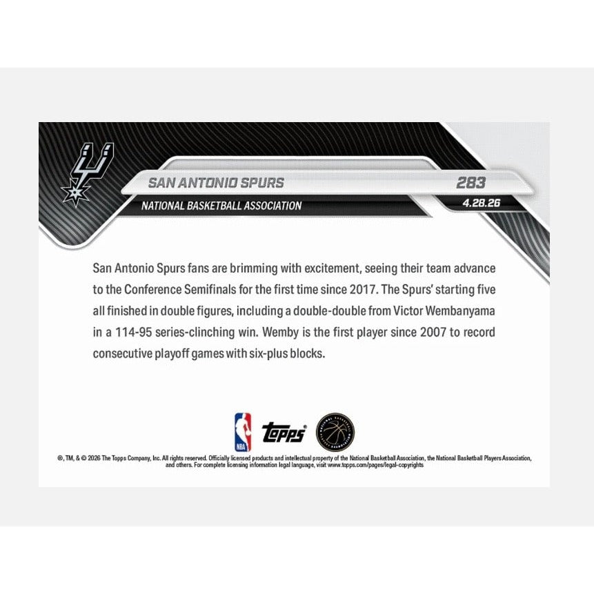 1499 PR San Antonio Spurs 2025-26 NBA Topps NOW #283 Wembanyama 1st Since 2017