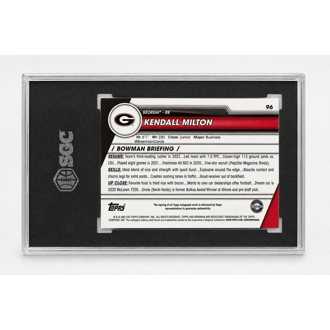 Kendall Milton RC Auto 2023 Bowman U Chrome 1st Bowman UGA #96 SGC 9.5