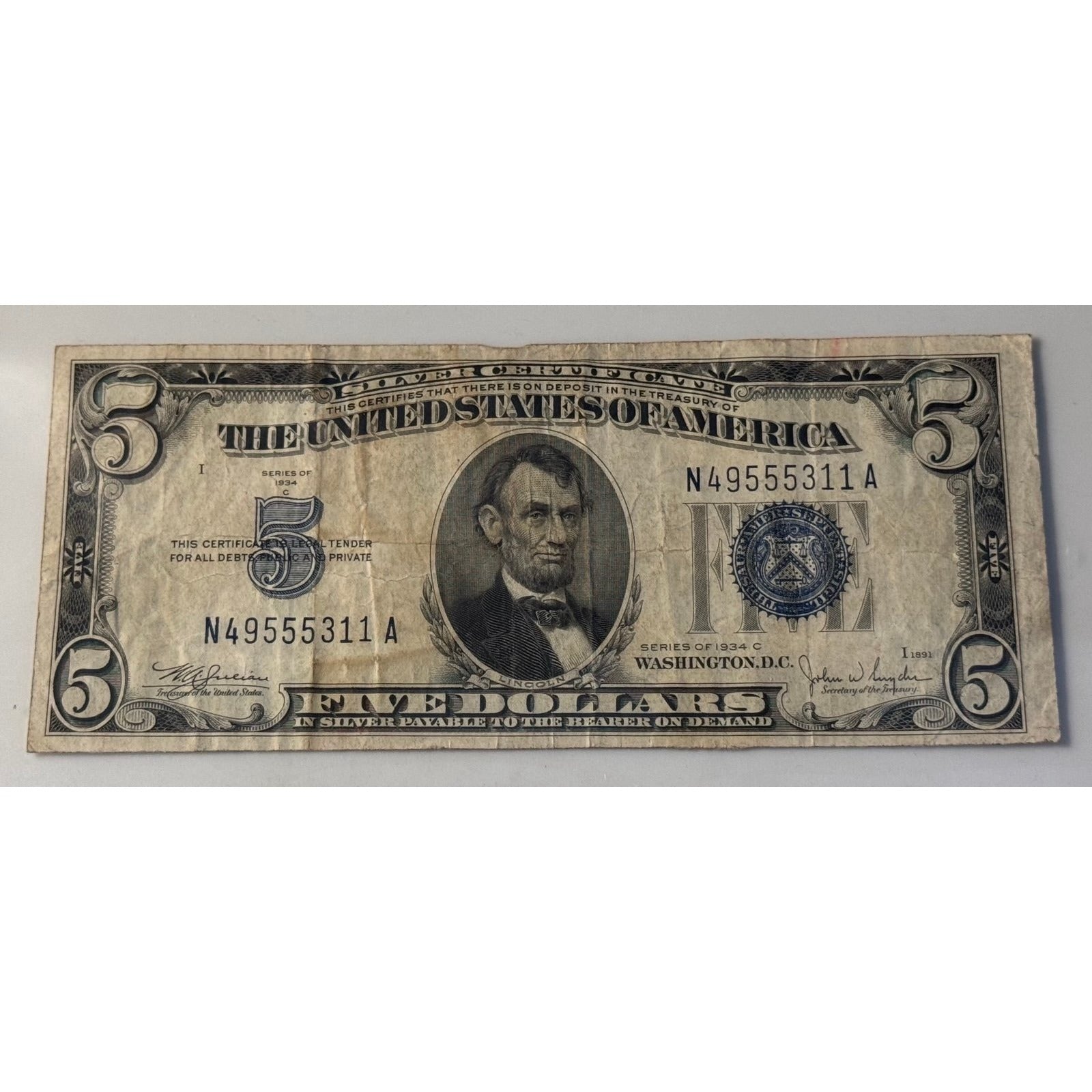 **!1934**! C $5 Silver Certificate Blue Seal Lincoln Note Vintage US Currency**!