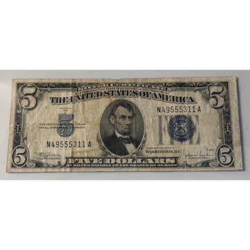 **!1934**! C $5 Silver Certificate Blue Seal Lincoln Note Vintage US Currency**!
