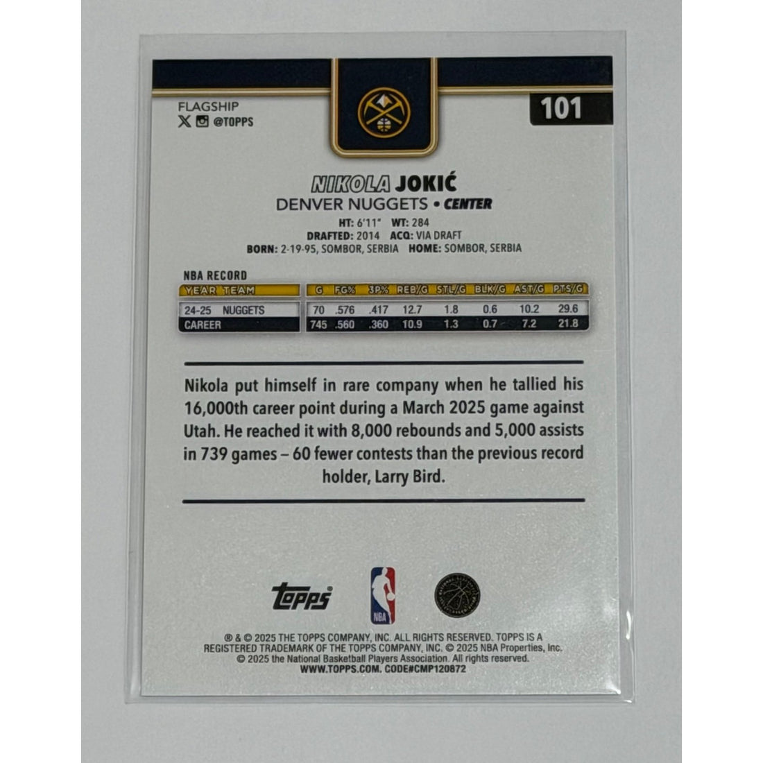 Nikola Jokic Topps Nikola Jokic 2025 Topps Flagship 101 NBA Denver Nuggets MVP Card