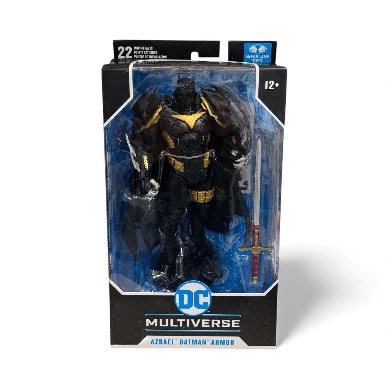 McFarlane DC Multiverse Azrael Batman Armor 7-inch action figure in sealed packaging with sword accessory and collector card