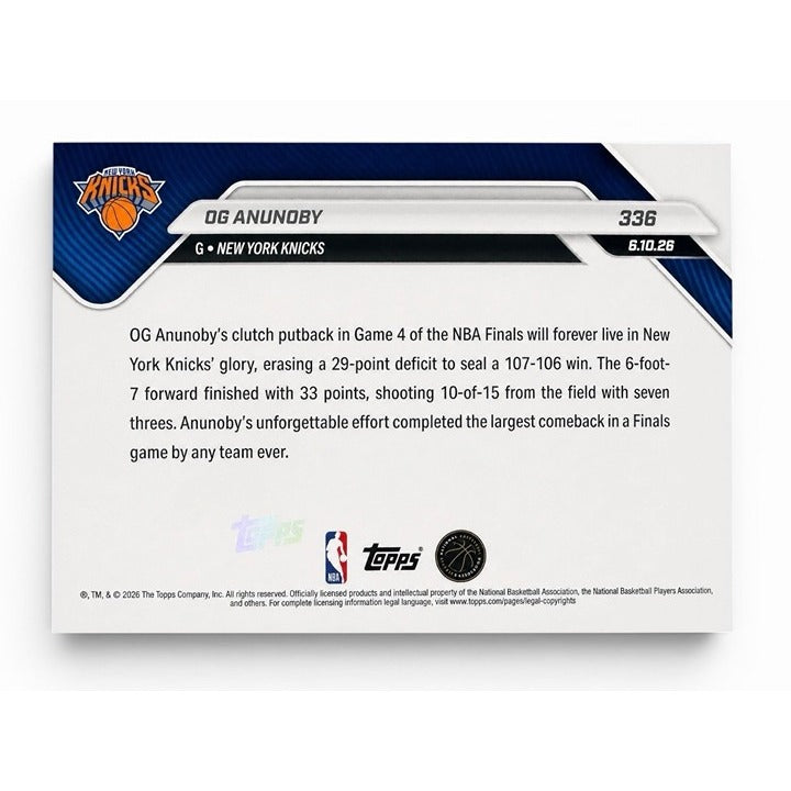 OG Anunoby 2026 Topps NOW #336 NBA Finals New York Knicks Game Winner Card — original photo 2