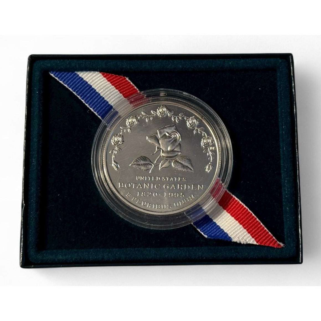 1997 U.S. Botanic Garden commemorative silver dollar coin with original box and certificate of authenticity