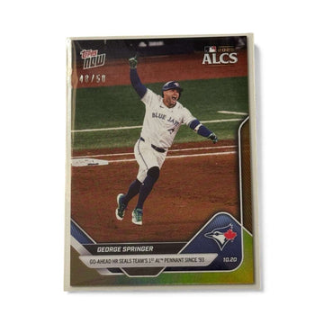 George Springer 2025 Topps Now ALCS Gold Parallel baseball card numbered 48/50 with Toronto Blue Jays celebration image