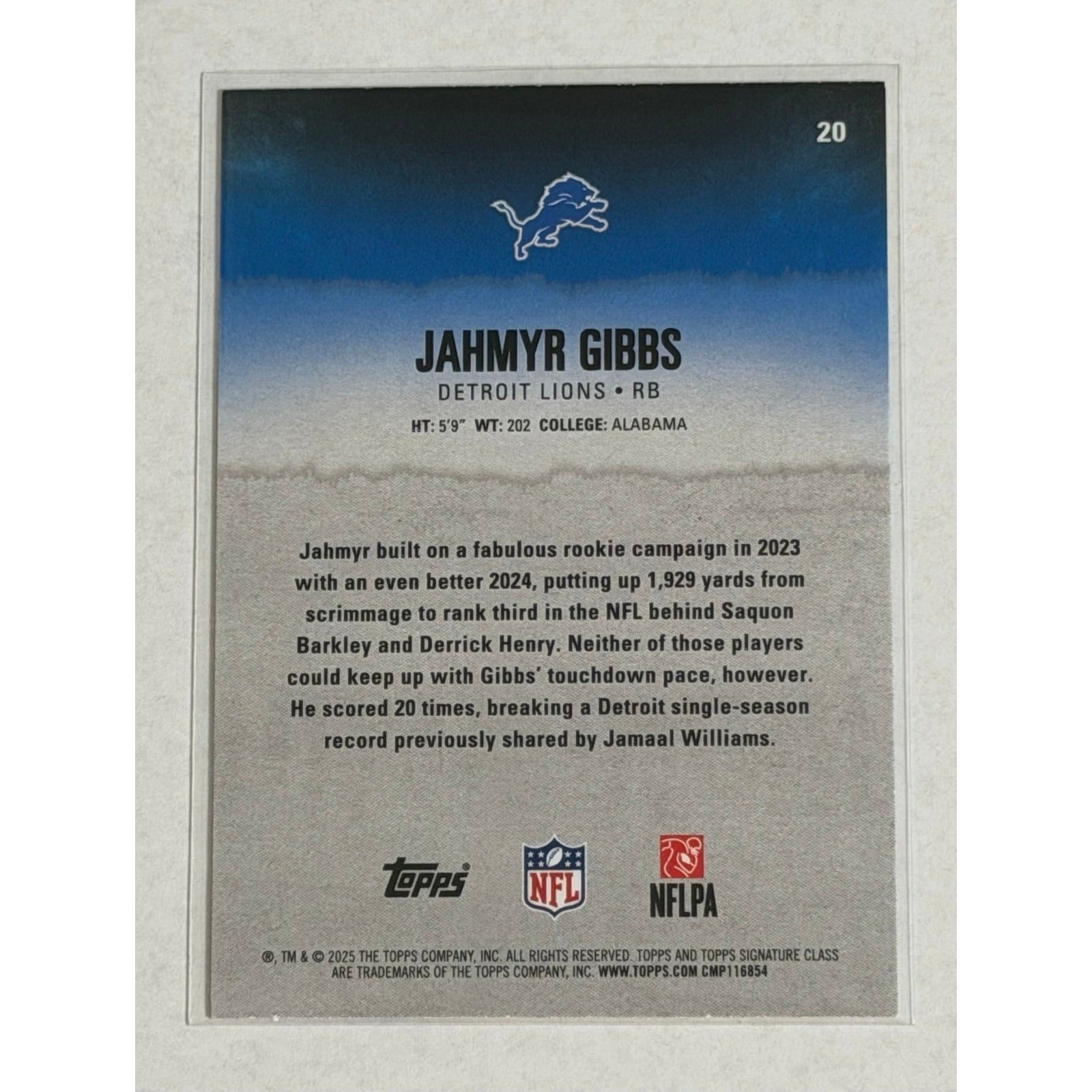 2025 Topps Signature Class Jahmyr Gibbs 2025 Topps Signature Class Jahmyr Gibbs Round 5 Pick 12 Detroit Lions Insert