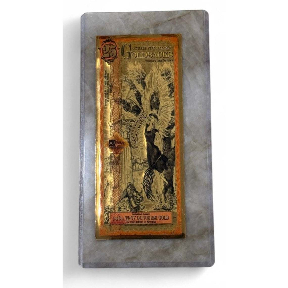 Nevada Goldback 25 Aurum 2022 note with 1/40 oz 24K gold collectible currency featuring Fortitude design