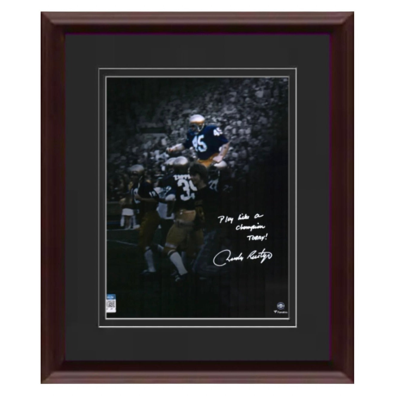 RUDY Ruettiger signed framed Notre Dame photo with "Play Like a Champion Today" inscription and COA