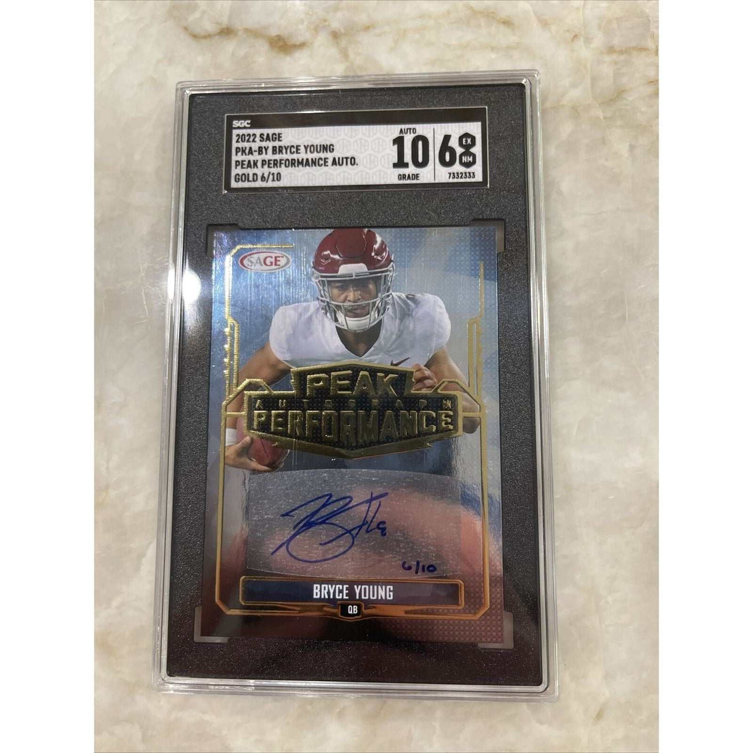 2022 Bryce Young Peak Performance auto card graded 6 of 10 with autograph on NFL Panthers trading card