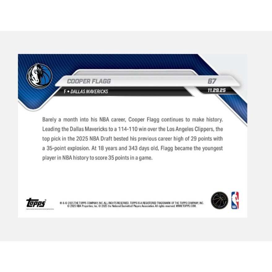 2025 Topps NOW Cooper Flagg RC YOUNGEST- 35 Point Game Mavs 67 18 Yrs 343 Days