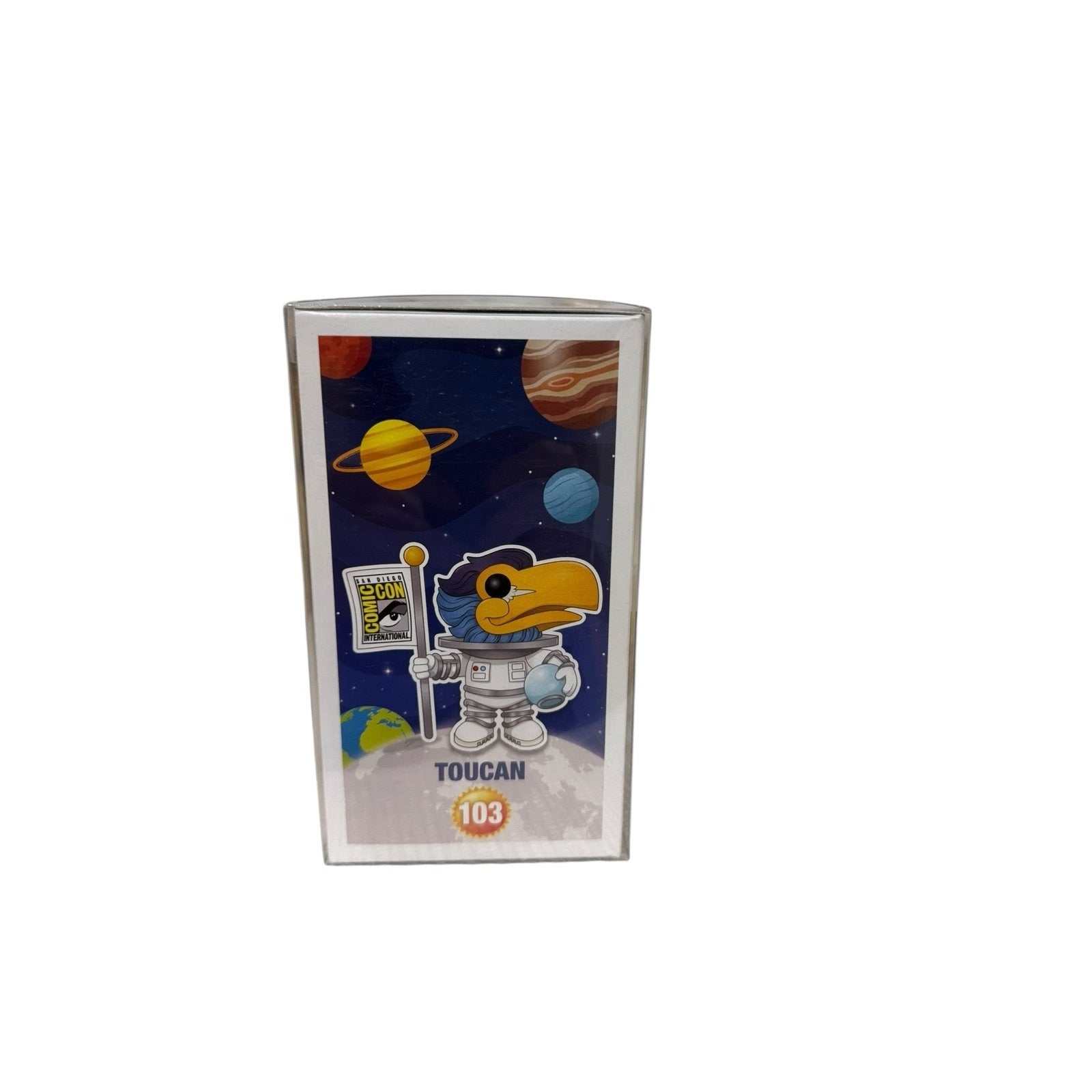 Toucan Funko Pop 103 SDCC limited edition collectible figure in astronaut costume with Comic Con flag and space background