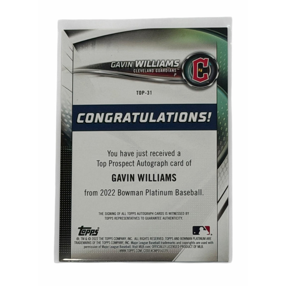 Gavin Williams RC Auto 2022 Bowman Platinum Top Prospect #TOP-31 MLB Guardians