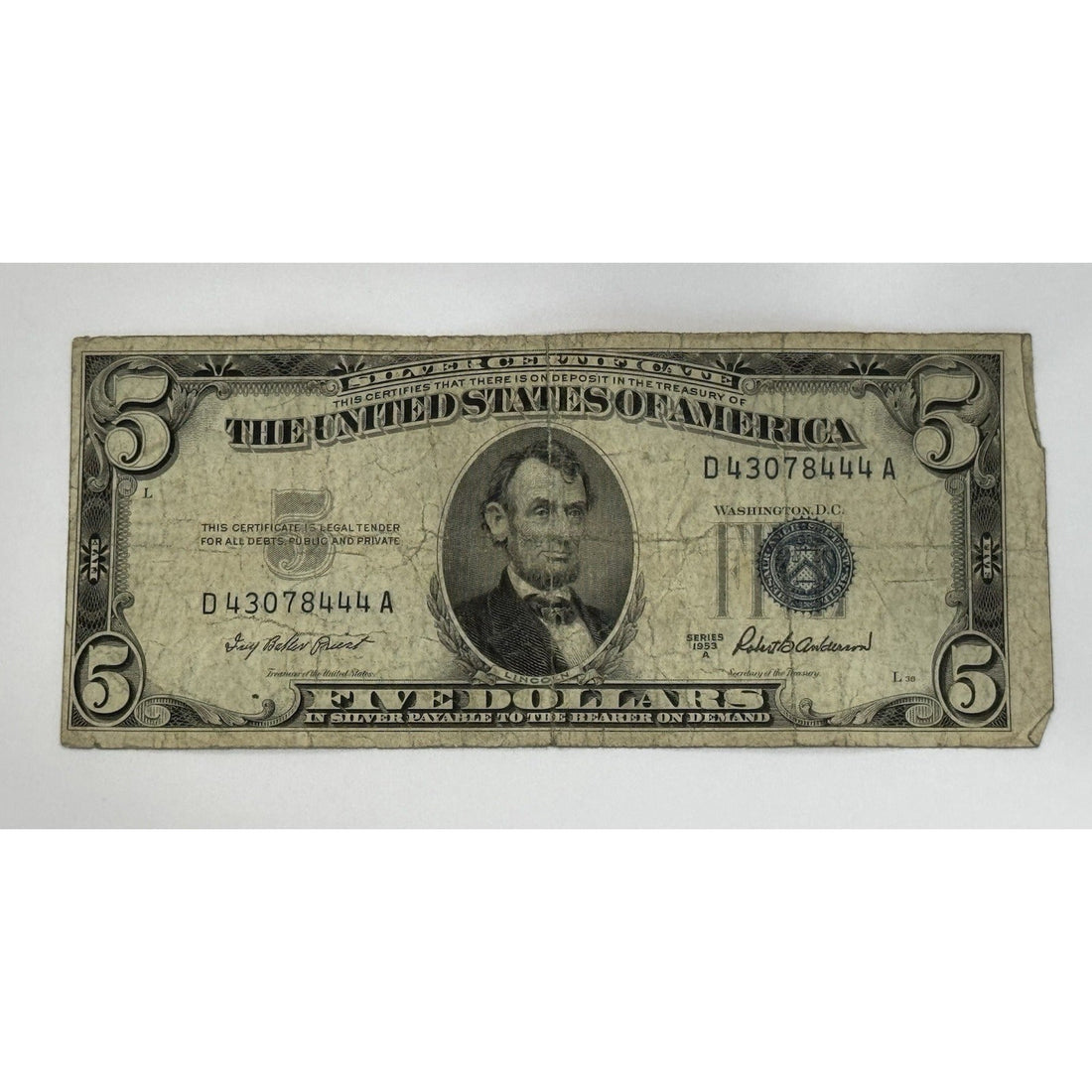1953 5 Silver Certificate Blue Seal 1953 5 Silver Certificate Blue Seal Vintage U.S. Currency Note Lincoln