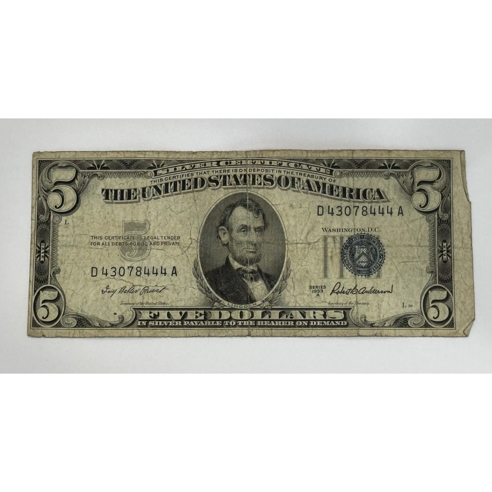 1953 $5 Silver Certificate featuring Abraham Lincoln with blue Treasury seal vintage U.S. currency note