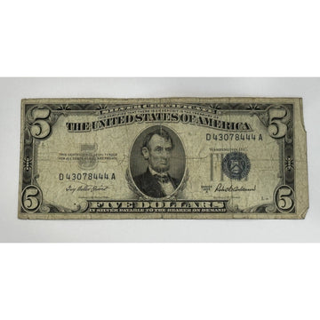 1953 $5 Silver Certificate featuring Abraham Lincoln with blue Treasury seal vintage U.S. currency note