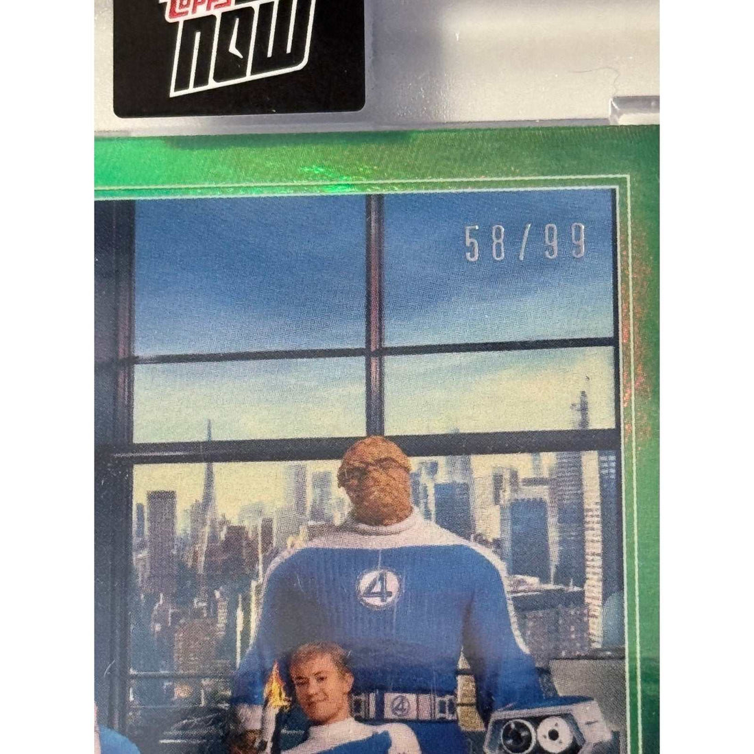 58/99 Limited Edition 2025 Topps Now Marvel Fantastic Four Green Foil Refractor collectible card in protective case
