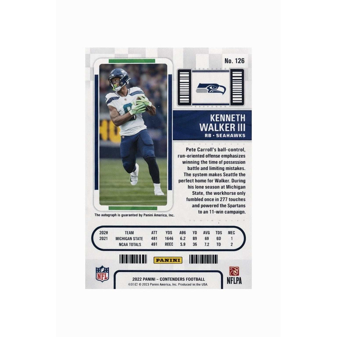 Kenneth Walker III RC 2022 Panini Contenders Rookie Ticket Auto NFL Seahawks #12