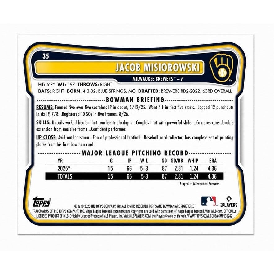 Jacob Misiorowski RC 2025 Bowman 35 Jacob Misiorowski RC 2025 Bowman 35 Rookie Card MLB Milwaukee Brewers Pitcher