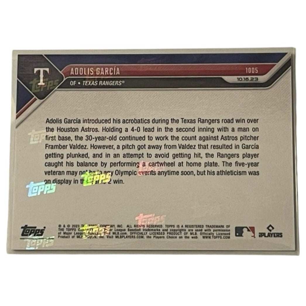 ALCS 2023 Adolis Garcia Texas Rangers cartwheel Topps NOW MLB baseball card back view