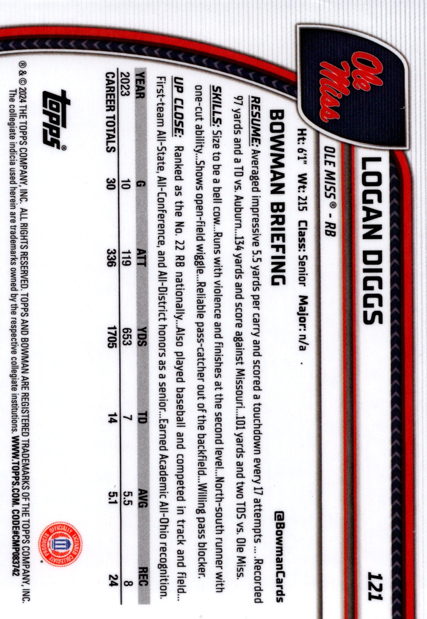Logan Diggs Bowman Chrome Logan Diggs 2024 Bowman Chrome U 121 Ole Miss RB Football Card