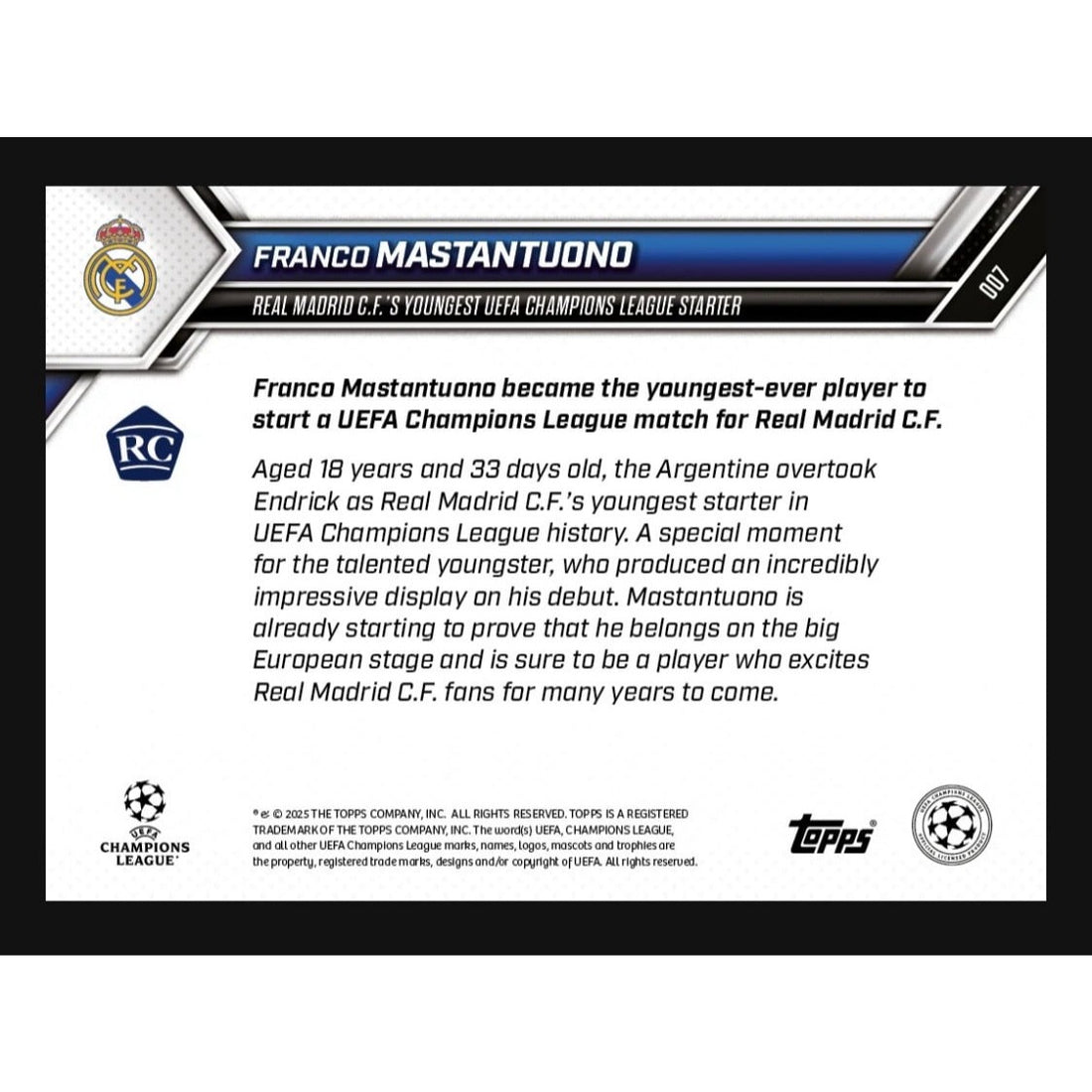 Franco Mastantuono RC 4205 PR 2025-26 UCL Topps NOW Card 7 Real Madrid NM
