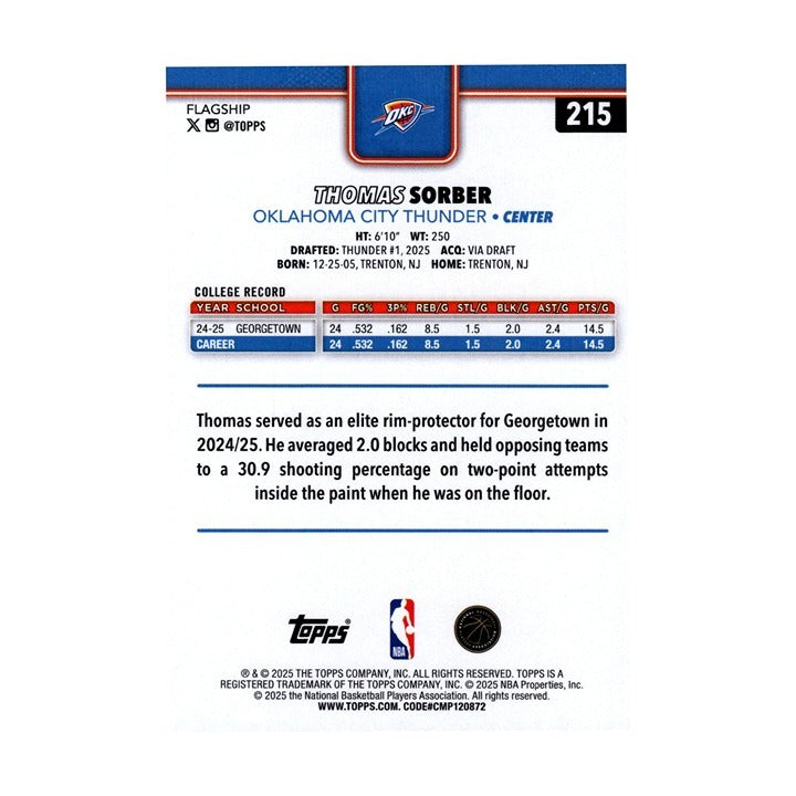 Thomas Sorber 2025-26 Topps Basketball #215 Thunder NBA Basketball Card