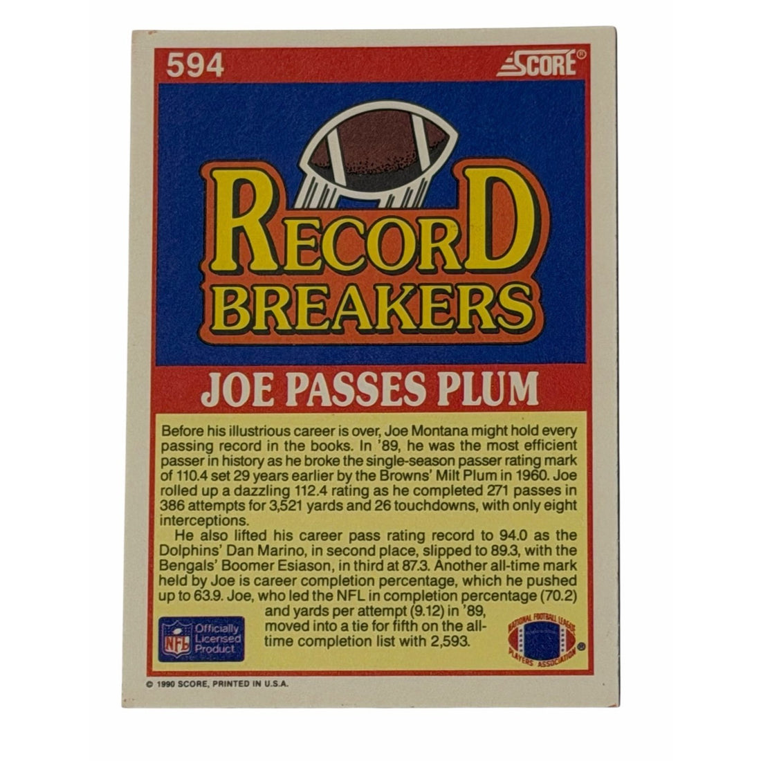 Vintage Joe Montana NFL San Francisco Vintage Joe Montana NFL San Francisco 49ers 1990 Score Record Breakers 594 Foot