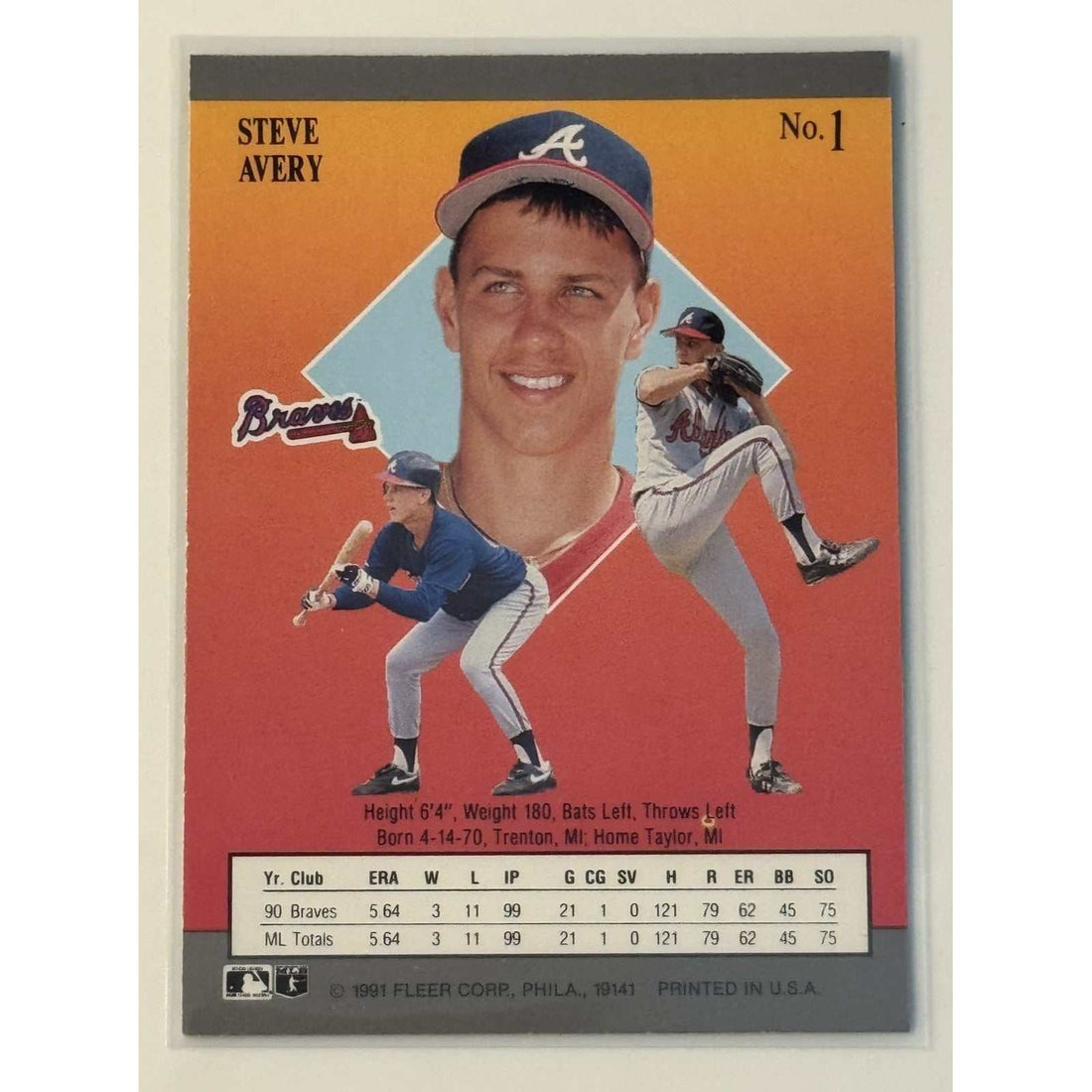 1991 Fleer Ultra Baseball Steve Avery Atlanta Braves pitcher trading card near mint condition