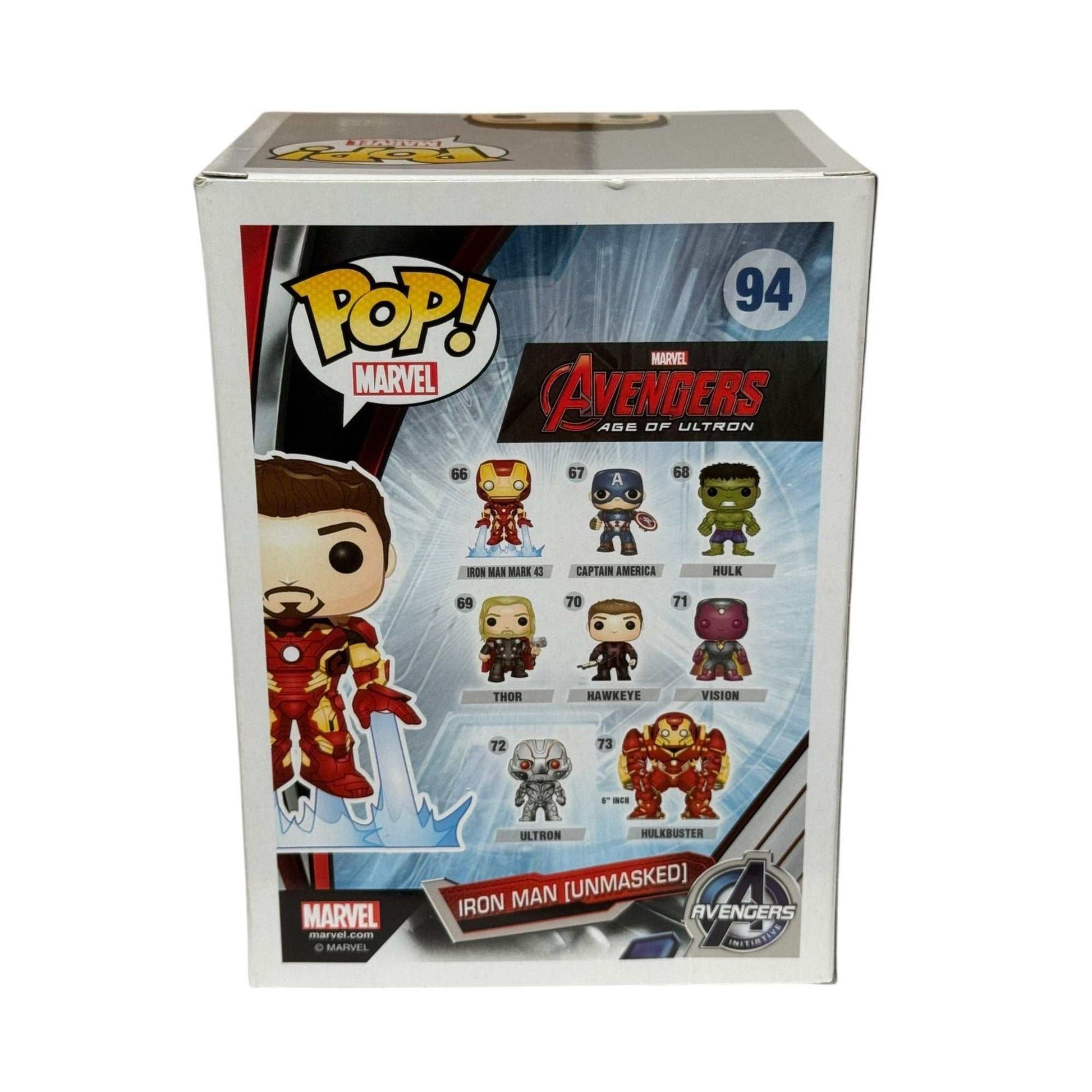 Funko Pop Marvel Avengers Age of Ultron Iron Man Unmasked collectible figure in original box with vibrant red and gold armor design