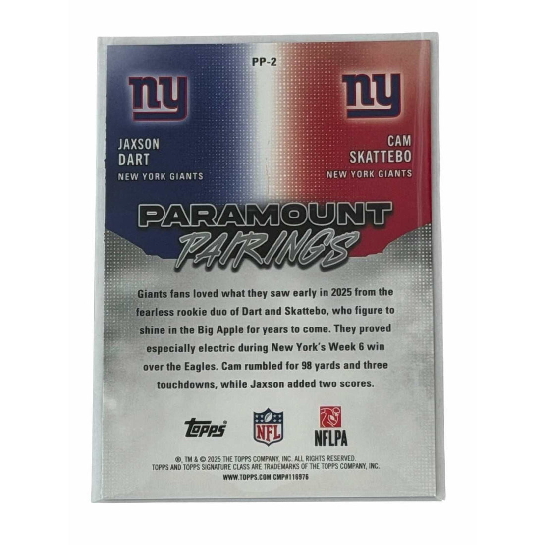NFL New York Giants Jaxson Dart NFL New York Giants Jaxson Dart RC Cam Skattebo RC Paramount Pairings PP-2