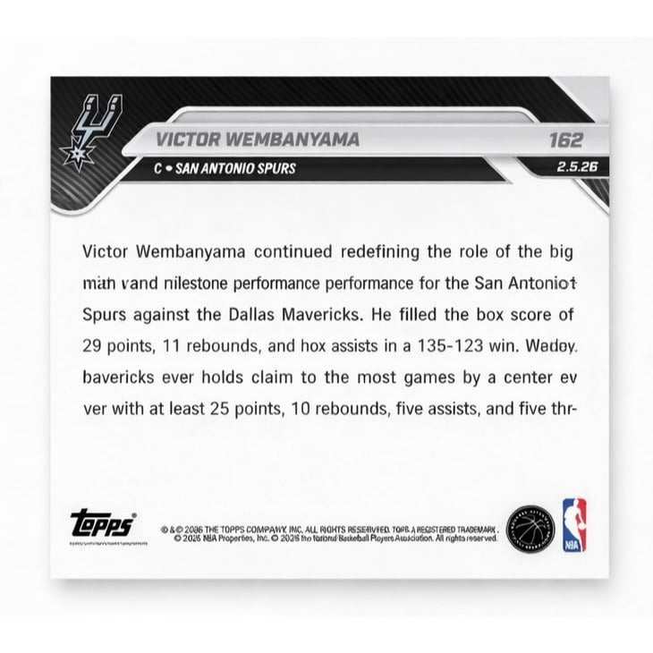 Victor Wembanyama 2026 Topps NOW #162 NBA San Antonio Spurs Record Game Card