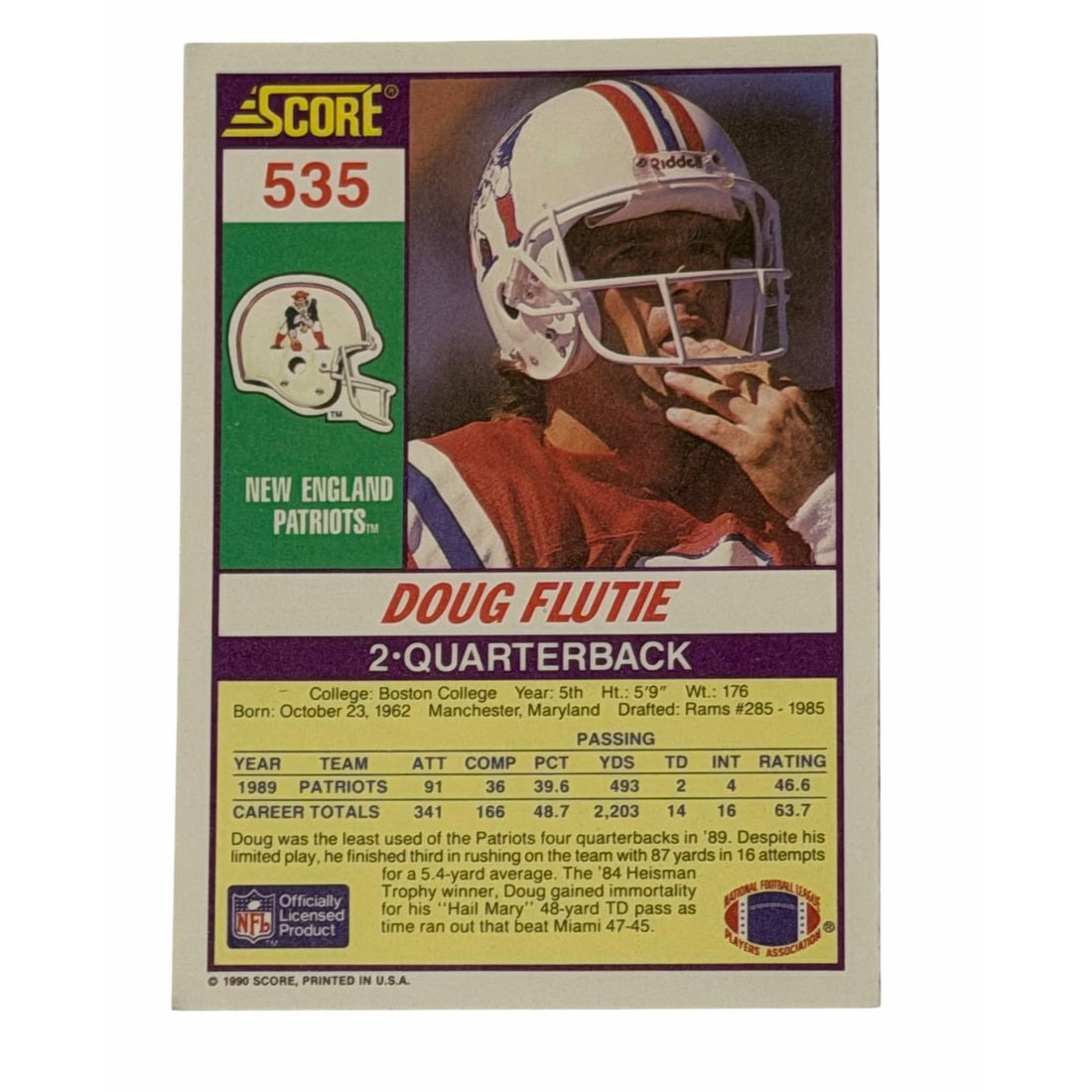 Vintage Doug Flutie NFL New England Vintage Doug Flutie NFL New England Patriots 1990 Score 535 Football Card