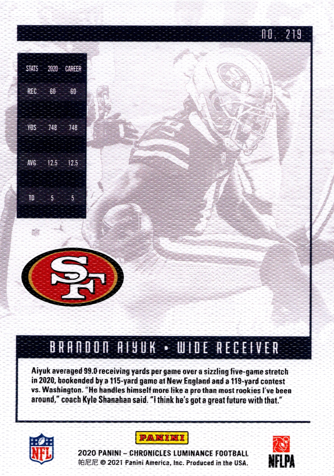 2020 Panini Chronicles Brandon Aiyuk RC 49ers Luminance 219 NFL Rookie