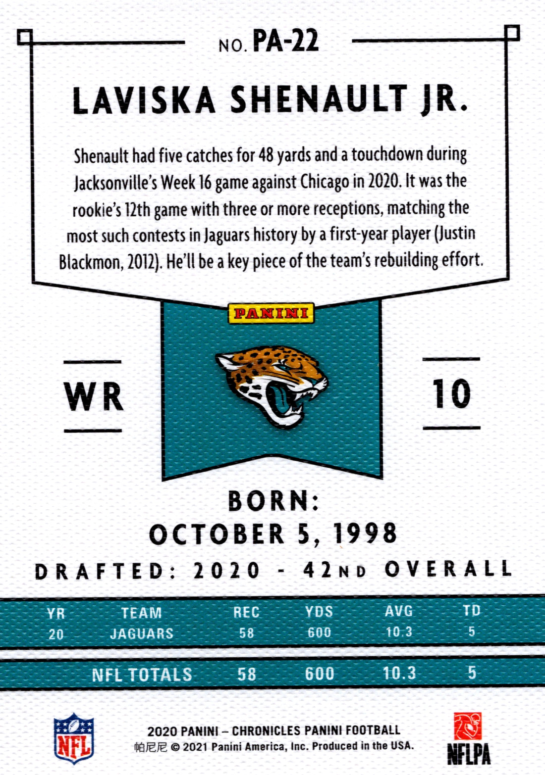 2020 Panini Chronicles Laviska Shenault Jr RC Jaguars Panini PA-22 NFL