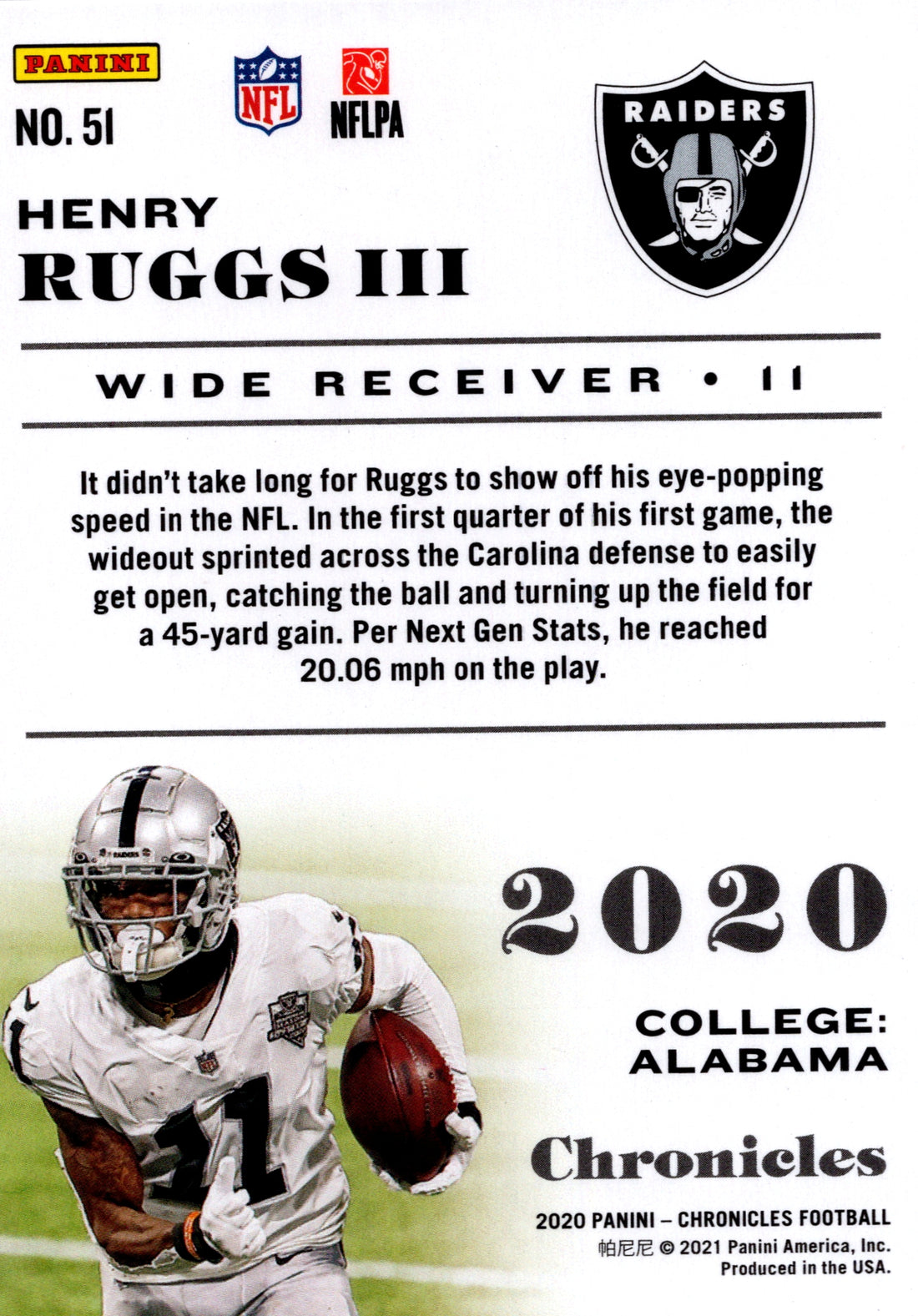 2020 Panini Chronicles Henry Ruggs III RC Raiders #51 NFL Football Rookie