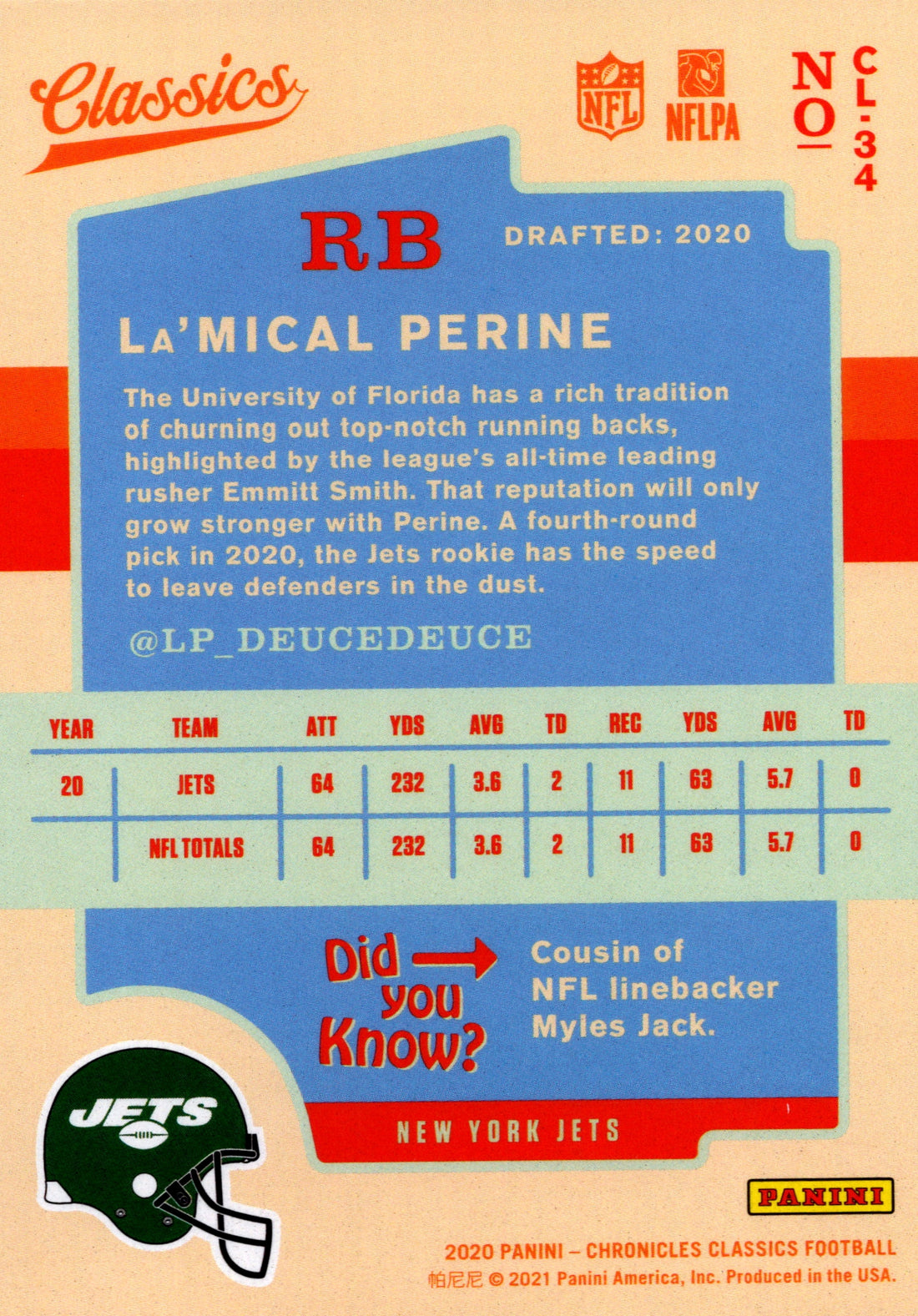 2020 Panini Chronicles La'Mical Perine RC Jets Classics CL-34 NFL Rookie