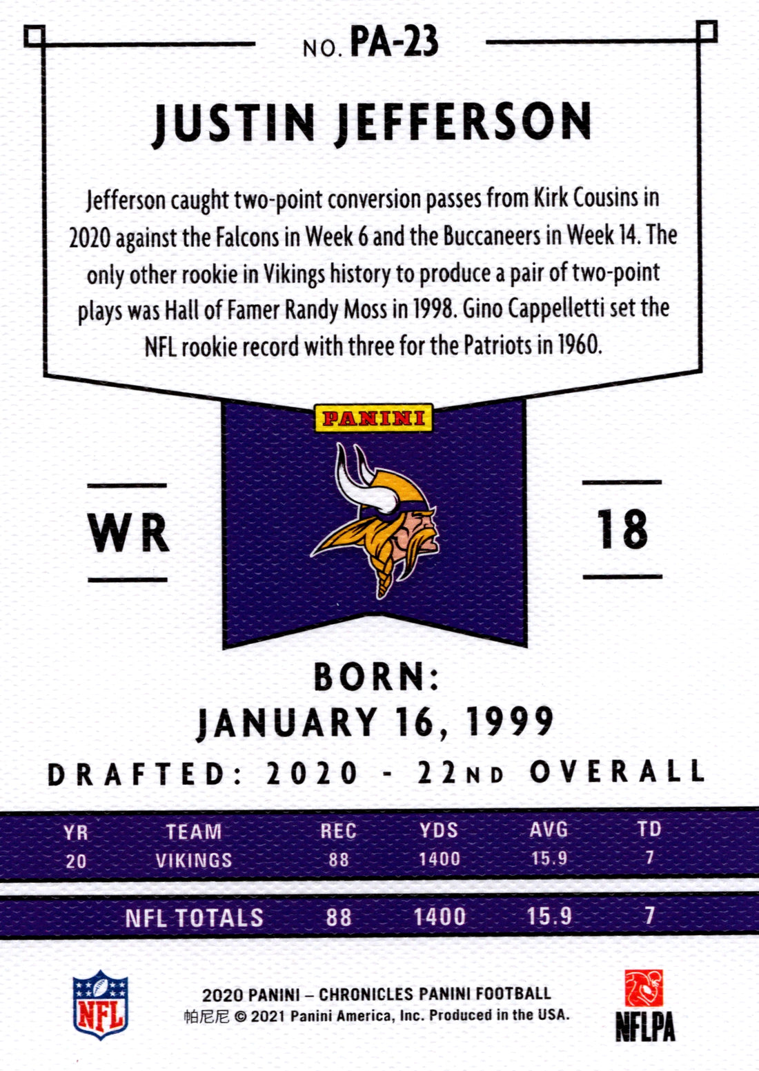 2020 Panini Chronicles Justin Jefferson RC Vikings Panini PA-23 NFL Card