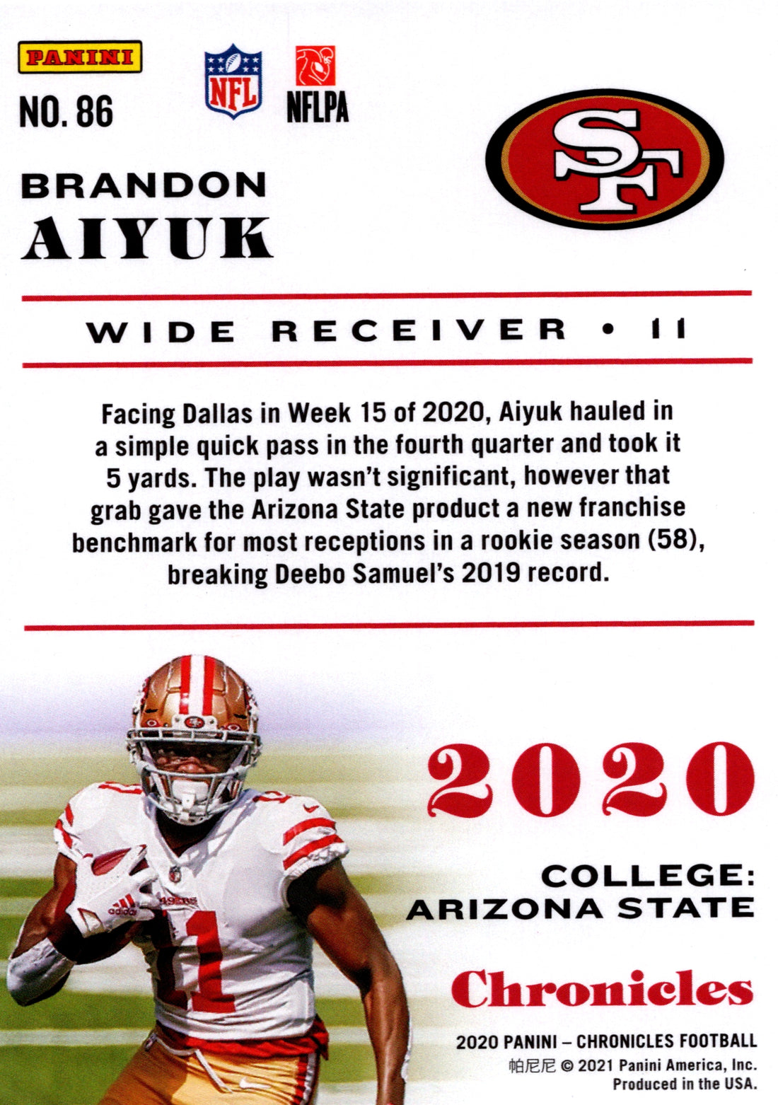 2020 Panini Chronicles Brandon Aiyuk RC 49ers #86 NFL Rookie Football Card
