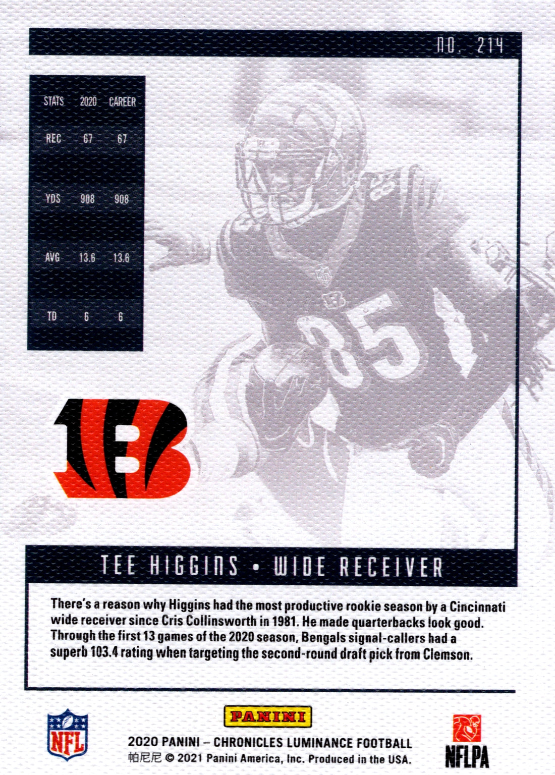 2020 Panini Chronicles Tee Higgins RC Bengals Luminance 214 NFL Rookie