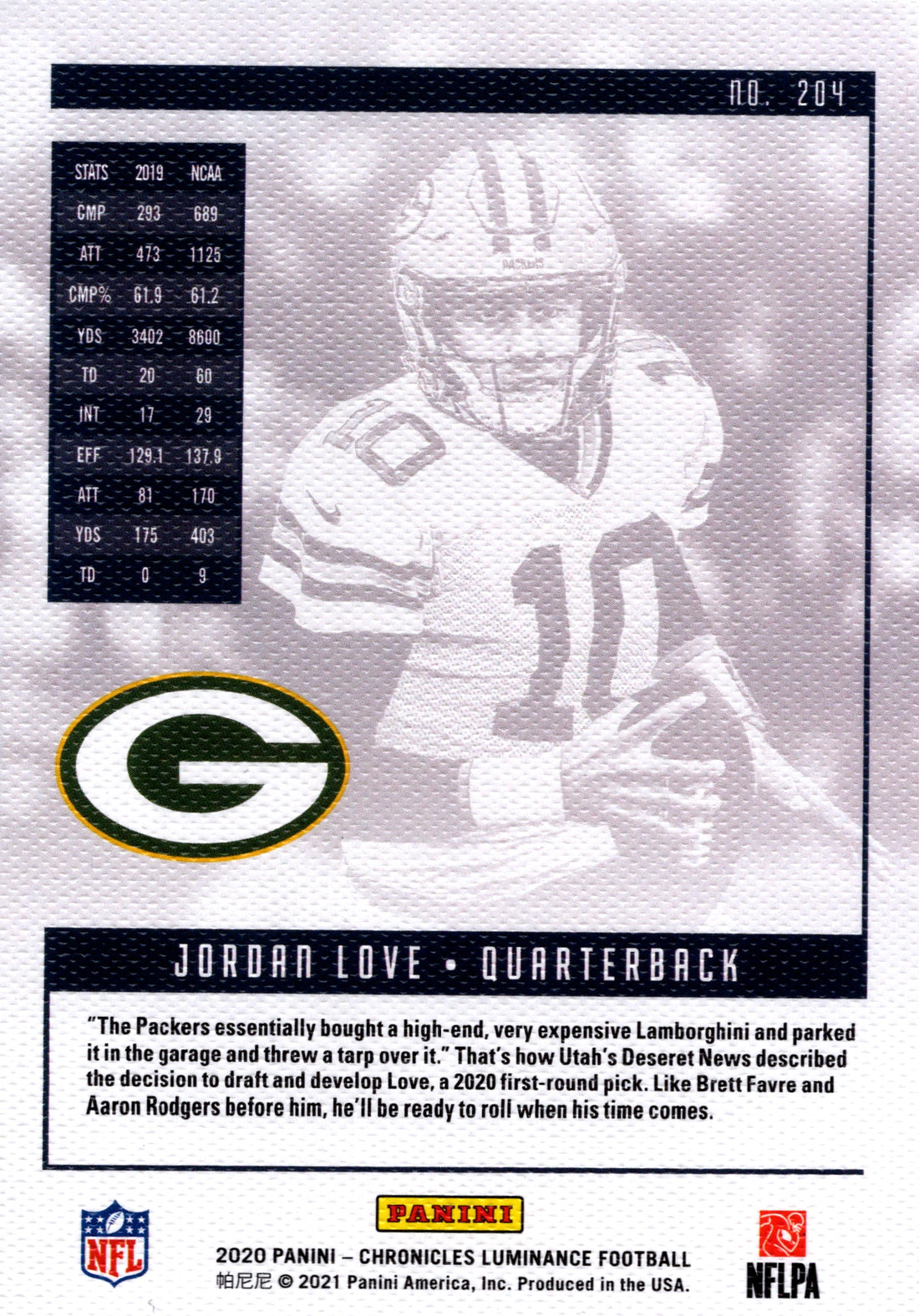 2020 Panini Chronicles Jordan Love RC Packers Luminance 204 NFL Rookie