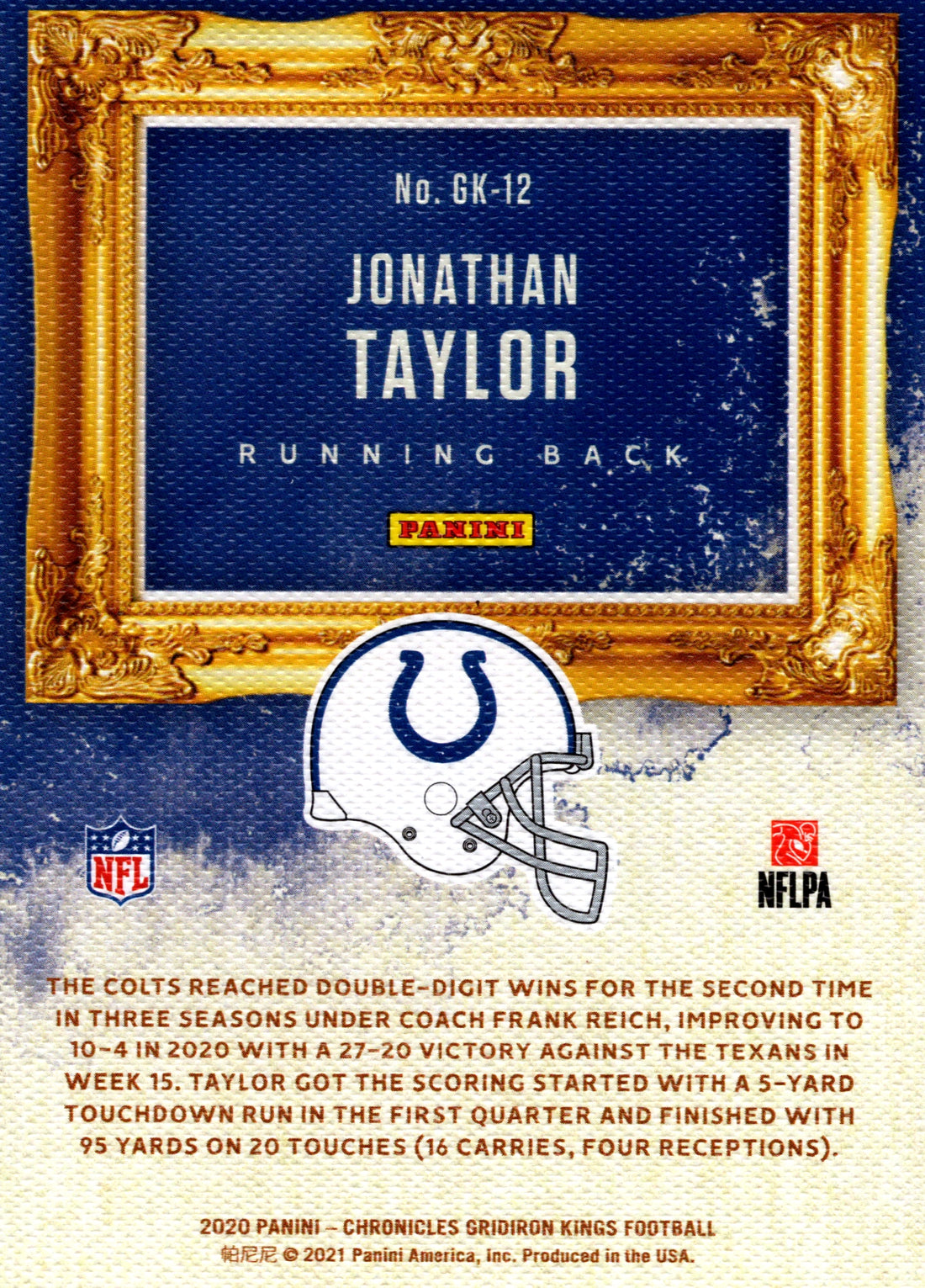 2020 Panini Chronicles Jonathan Taylor RC Colts Gridiron Kings GK-12 NFL