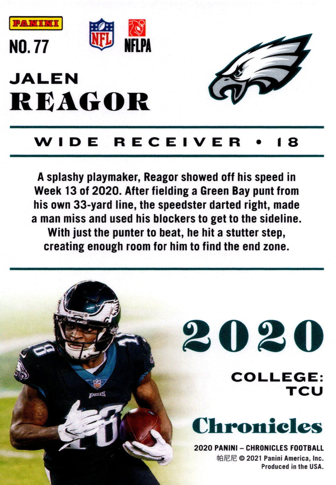 2020 Panini Chronicles Jalen Reagor RC Eagles #77 NFL Rookie Football Card