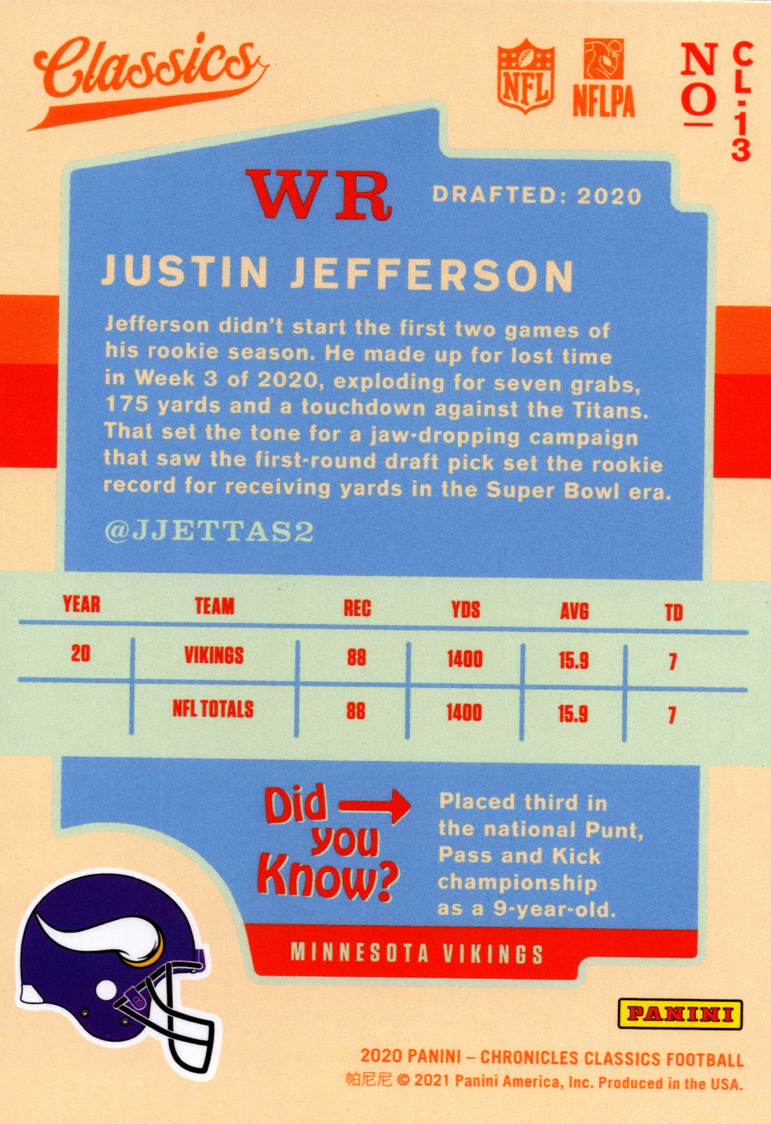 2020 Panini Chronicles Justin Jefferson RC Vikings Classics CL-13 NFL Card