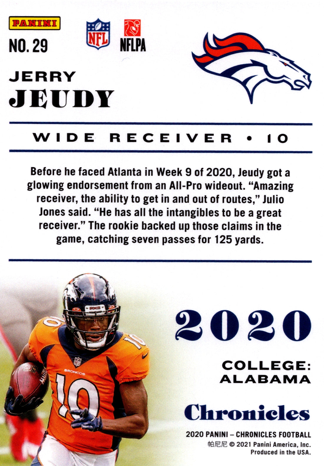 2020 Panini Chronicles Jerry Jeudy RC Broncos #29 NFL Rookie Football Card