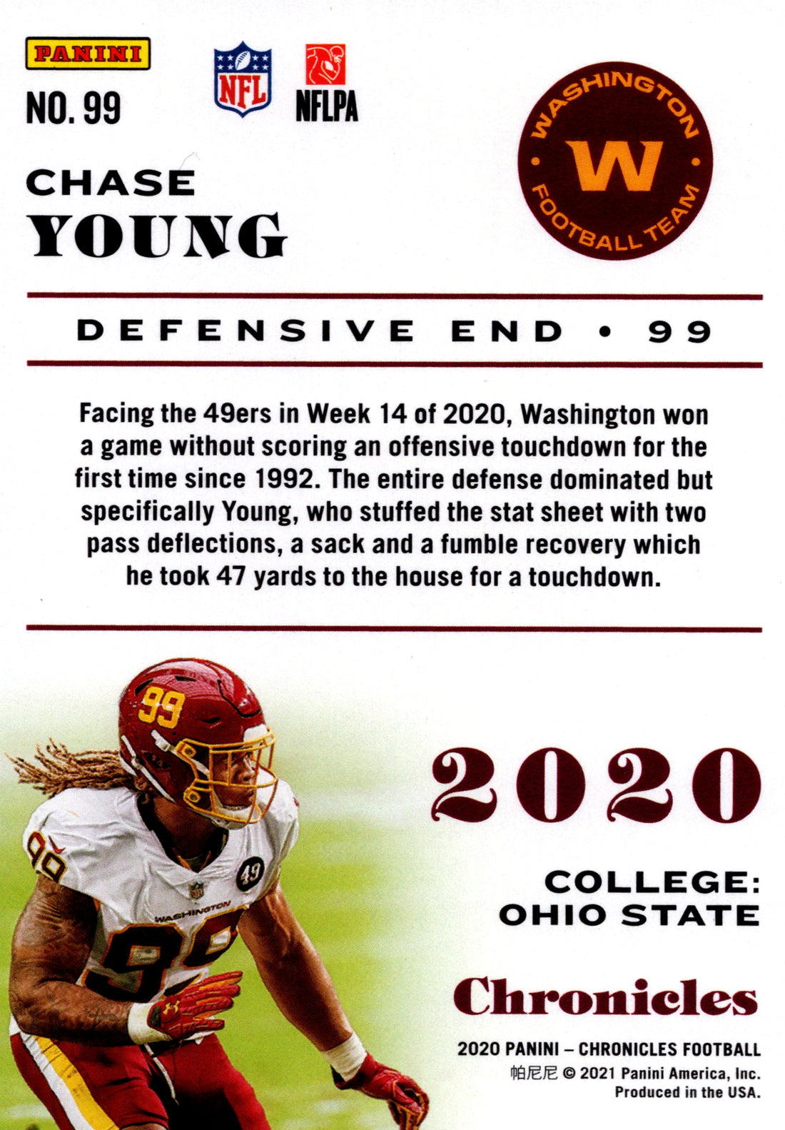 2020 Panini Chronicles Chase Young RC Washington #99 NFL Rookie Football