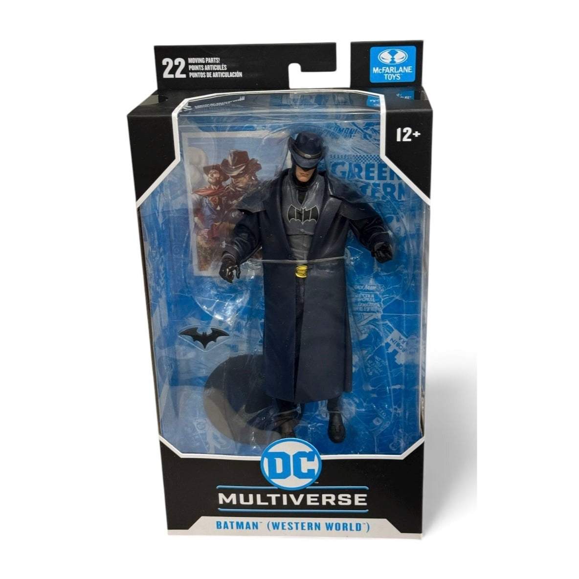 McFarlane DC Multiverse Batman Western World 7-inch action figure in sealed packaging with trench coat and display stand