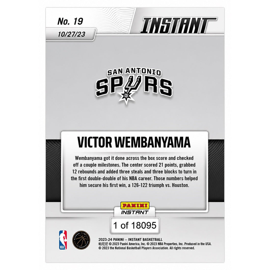 Limited PR Victor Wembanyama RC 2023-24 Panini Instant #19 NBA Spurs 1st DD