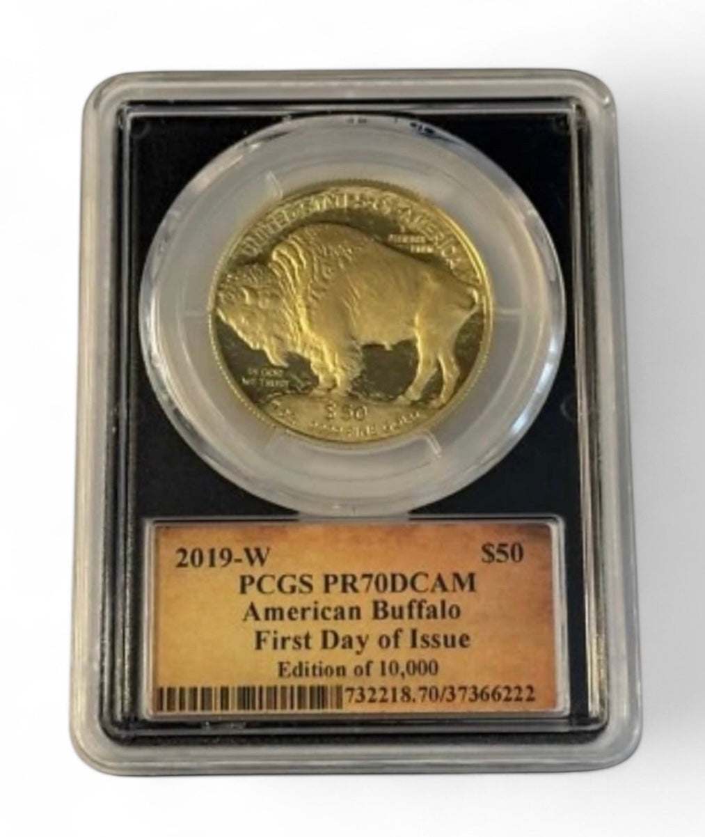 2019-W American Buffalo $50 gold proof coin PCGS PR70DCAM FDI with Thomas S. Cleveland signed label in protective holder